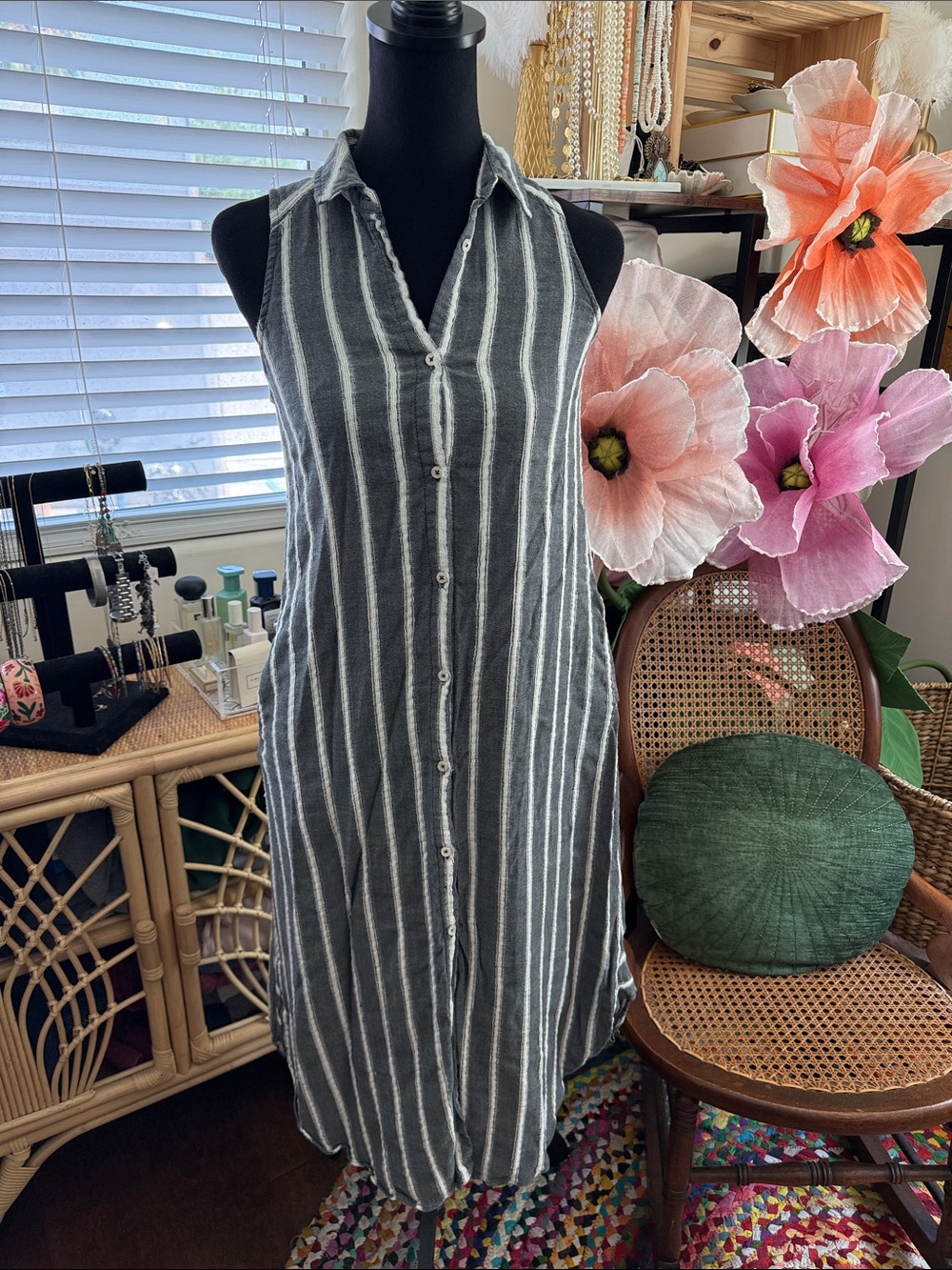 Holding Horses Anthropologie Slate Striped Button Up Sleeveless Midi Shirt Dress